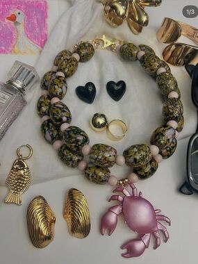 Handcrafted Olive & Pink Beaded Necklace with Pink Crab Pendant